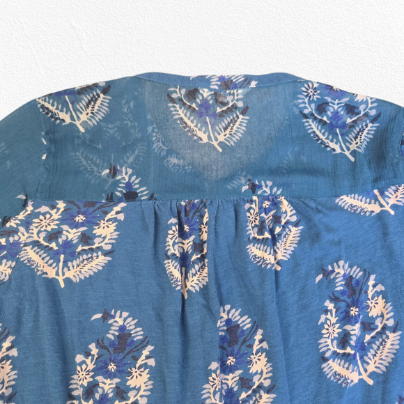 Y2K Lucky Brand Teal Blue Floral Peasant Blouse Boho Button Front Top Size Small - Picture 11 of 12